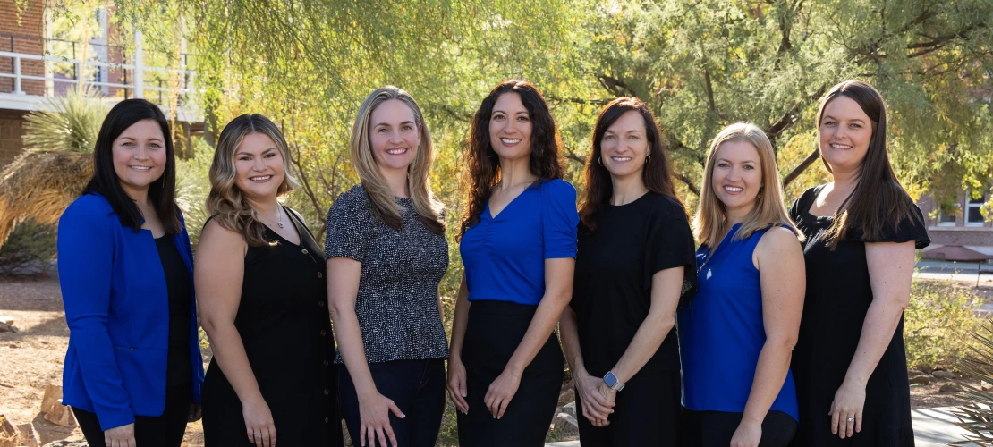 Picture of University Initiatives team left to right: Amy Glicken, Ari Montes, Jessica Hamar Martinez, Celina Ramirez, Lori Van Buggenum, Danielle Oxnam, and Alex Robie Harris